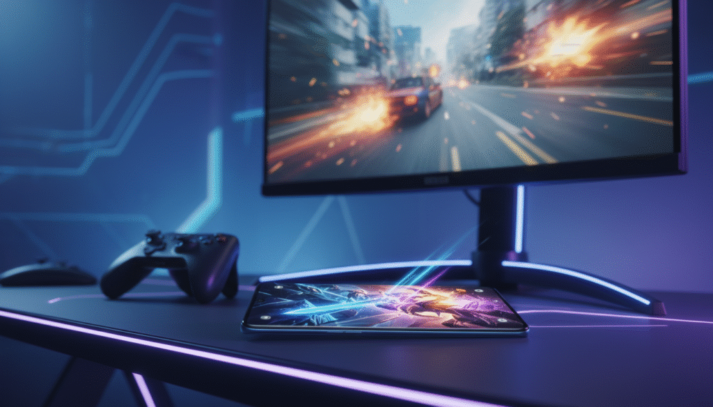 A sleek Tecno Camon 20 Pro 5G smartphone showcased on a futuristic gaming desk, surrounded by vibrant LED lights in shades of blue and purple. The phone's screen displays a high-resolution gaming graphic, emphasizing its powerful performance capabilities. In the foreground, a gaming controller is placed beside the phone, hinting at an immersive gaming experience. The middle ground features a blurred gaming monitor displaying intense game action, enhancing the tech-focused atmosphere. The background is softly illuminated, evoking a modern gaming setup with abstract geometric shapes. The lighting is dynamic, with reflections highlighting the smartphone’s glass back. The overall mood is energetic and enticing, appealing to gamers seeking high performance at an affordable price.