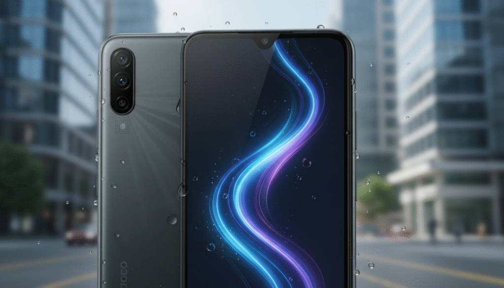 A sleek Tecno Spark Go 3 smartphone showcasing its standout features, prominently displayed in the foreground. The device features a vibrant 120Hz display, illustrating smooth visuals and bright colors. In the middle ground, there should be subtle elements suggesting its water-resistant capability, like droplets gently cascading off the phone. The background should be a softly blurred urban setting, hinting at a modern lifestyle. Use soft, natural lighting to enhance the device's metallic finish, with a slight reflection to emphasize its sleek design. Capture the mood of innovation and reliability, emphasizing the device as both stylish and practical for everyday use, while ensuring a polished and professional presentation.