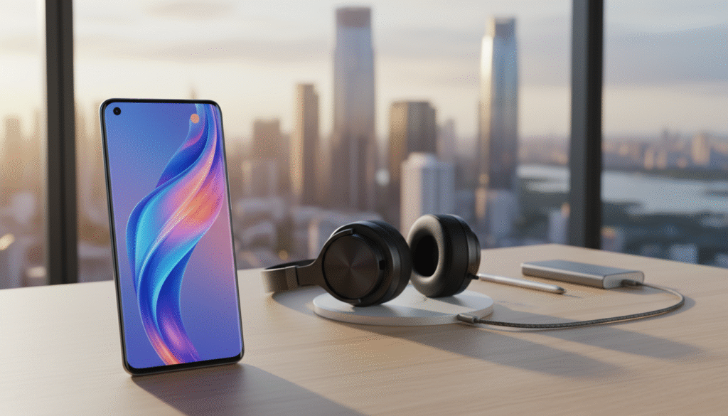 A sleek Vivo X200T smartphone displayed prominently in the foreground on a modern wooden desk. The phone is shown at a slight angle to highlight its curved edges and high-resolution screen, which showcases an aesthetic interface design with vibrant colors. The middle ground features tasteful technology accessories, like sleek headphones and a minimalist wireless charger. In the background, a softly blurred cityscape with warm ambient lighting creates a sophisticated atmosphere, hinting at urban lifestyle aspirations. The scene is illuminated with soft but bright daylight, enhancing the phone's features and metallic finish while casting subtle shadows. The overall mood is modern, professional, and inviting, ideal for showcasing the flagship specifications and features of the Vivo X200T.