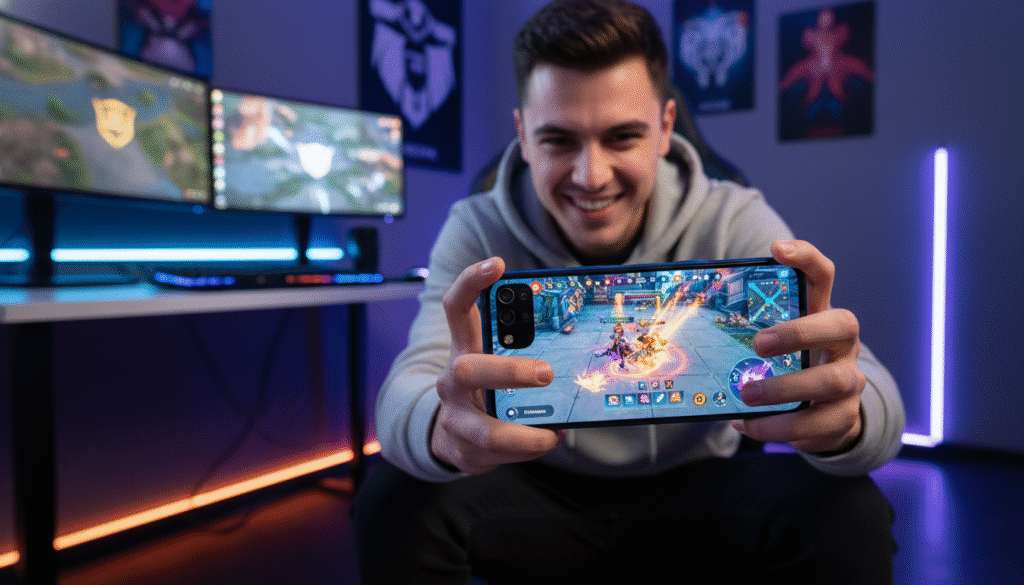 A sleek Xiaomi Redmi 10 2022 smartphone depicted prominently in the foreground, showing off its modern design, vibrant display, and gamer-friendly features. The device is turned on, displaying a dynamic gaming scene that highlights its capabilities. In the middle ground, a gamer in smart casual attire is deeply focused on the phone, with visible excitement on their face. The background features a softly blurred, high-tech gaming environment with LED lighting creating a dynamic ambiance, emphasizing a vibrant gaming culture. The scene is illuminated by a mix of cool and warm lighting, adding depth and highlighting the smartphone's sleek edges. The overall mood is energetic and immersive, showcasing the Redmi 10 2022 as a top choice for gaming enthusiasts on a budget.