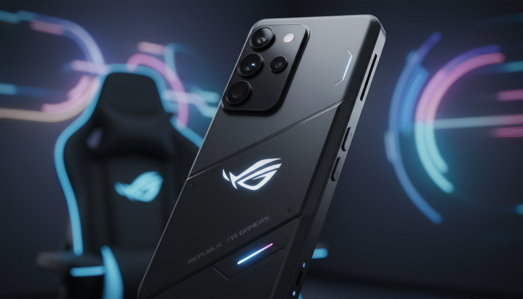 A sleek and modern ASUS ROG Phone 8 displayed prominently in the foreground, showcasing its unique design features such as a matte black finish, striking RGB lighting accents, and the signature ROG logo. The phone is oriented at an angle to highlight its sleek profile, emphasizing its advanced gaming capabilities. In the middle ground, soft ambient lighting subtly illuminates the scene, creating a high-tech atmosphere. The background includes blurred hints of a gaming setup, such as a stylized gaming chair and futuristic LED lights, enhancing the gaming environment without distraction. The overall mood is dynamic and energetic, representing the ultimate gaming experience, with a clear focus on balance and efficiency in design.