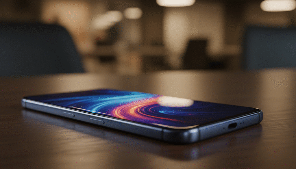 A sleek and modern Infinix NOTE Edge smartphone displayed in the foreground, showcasing its elegant design with a premium glass back and metallic frame. The device should be highlighted at an angle that emphasizes its edge display, capturing the vibrant colors of the screen. The middle layer features a clean, blurred desk surface that reflects a professional setting, further enhancing the phone's premium appeal. In the background, soft, diffused lighting creates a warm atmosphere, with subtle gradients to evoke a feeling of sophistication. The image should be shot using a shallow depth of field to focus on the smartphone, professional quality lighting to bring out the details, and should exude a sense of modern technology and robust performance.