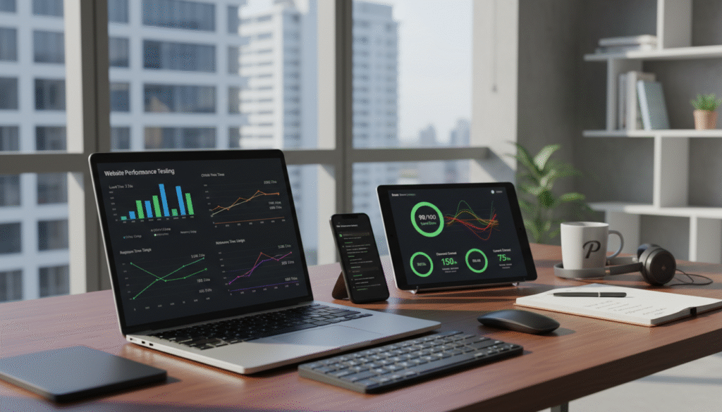 A sleek and modern digital workspace showcasing website performance testing tools. In the foreground, a laptop with a vibrant screen displaying various metrics such as load time, response time, and performance graphs. Beside it, a tablet showing a speed test result with colorful visual indicators. The middle ground features a stylish desk cluttered with tech gadgets, including a smartphone and a notepad with performance notes. The background boasts a clean, contemporary office setting with large windows, allowing natural light to flood the space, creating a bright and productive atmosphere. Soft shadows accentuate the items on the desk, while the overall aesthetic conveys a sense of professionalism and focus on analytical performance measurement.