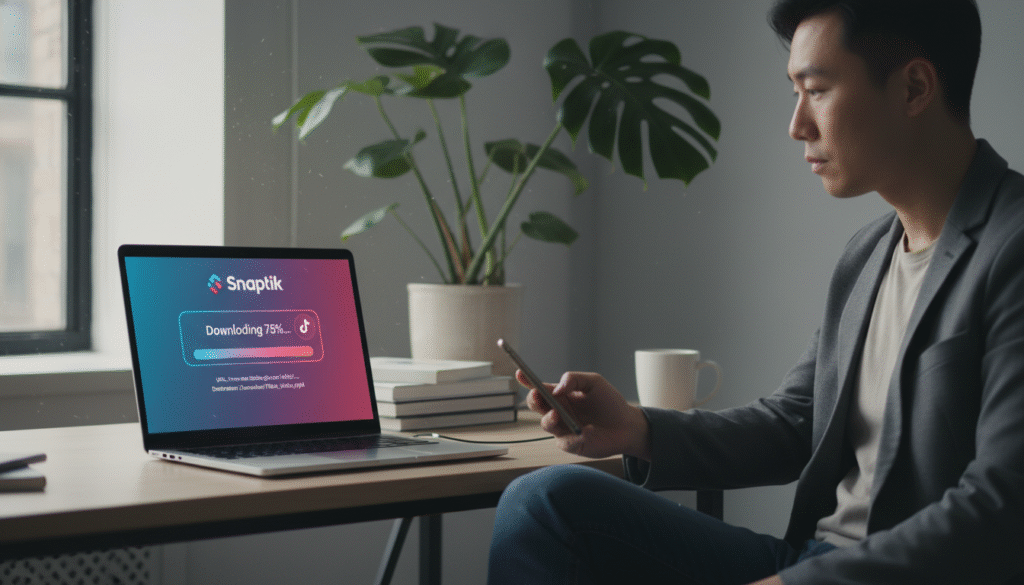 A sleek and modern workspace featuring a laptop open to a TikTok video downloading interface using Snaptik. In the foreground, a professional person of Asian descent, dressed in smart casual attire, attentively watches the screen while holding a smartphone. The middle layer showcases the laptop, with a vibrant and intuitive Snaptik interface displaying the download progress in bright colors, accentuated by a subtle glow. The background includes elements of a stylish office, such as a potted plant and books on a desk, with soft, diffused natural light coming from a window, creating an inviting atmosphere. The mood is focused and informative, designed to engage readers seeking to learn about downloading TikTok videos.