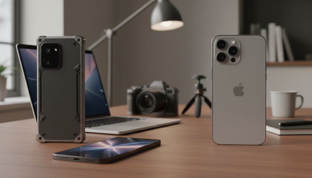 A sleek and professional comparison image capturing the essence of design contrasting the Xiaomi 17 Pro Max and the iPhone 17 Pro Max. In the foreground, feature a close-up of both smartphones, the Xiaomi showcasing its rugged, durable build with a textured back and reinforced corners, while the iPhone displays its minimalist, elegant design with smooth surfaces and a premium finish. In the middle, softly blurred, include accessories like a laptop and camera gear to signify content creation. The background should feature a clean, modern workspace with warm ambient lighting, emphasizing professionalism and creativity. Use a shallow depth of field to bring focus to the phones, creating a mood of sophistication and innovation. The overall atmosphere should inspire a sense of high-tech artistry and functionality, appealing to content creators.