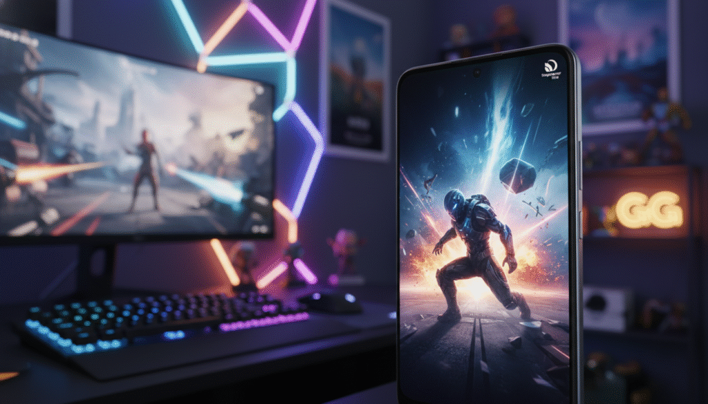 A sleek, modern iQOO 15 Ultra smartphone prominently displayed in the foreground, showcasing its elegant design and vibrant display. The phone’s screen is active, highlighting a high-resolution gaming graphic to emphasize its performance capabilities with the Snapdragon 8 Elite chipset. In the middle ground, a blurred gaming setup with dynamic LED lights creates an immersive atmosphere, suggesting a cutting-edge gaming environment. The background features a soft-focus room setting, dimly lit, with a hint of gaming memorabilia on shelves, enhancing the tech-savvy mood. The lighting highlights the phone's contours and adds a slight glow to the screen, suggesting energy and excitement. The entire composition conveys a sense of technological prowess and gaming dedication without any text or distractions.