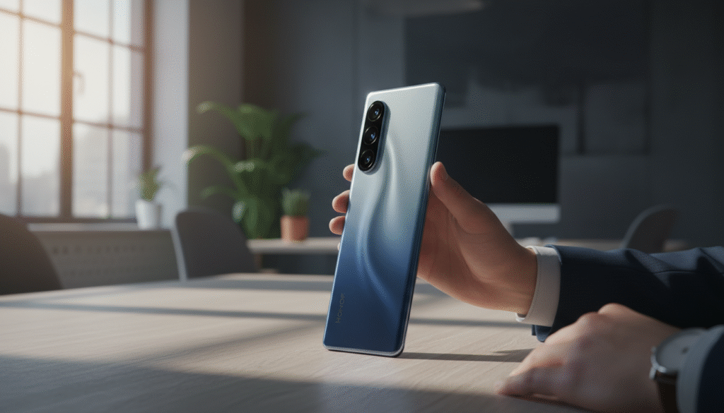 A sleek, modern smartphone, the Honor Magic 8 Pro Air, is showcased prominently in the foreground. The device is only 6.1mm thick, emphasizing its minimalist design. The back of the phone features a stunning glass finish with a subtle gradient, reflecting ambient light. In the middle ground, a stylish wooden table enhances the premium feel, while a pair of elegant business attire-clad hands gently hold the phone, showcasing its usability. The background is softly blurred, illustrating a contemporary office setting with warm, natural lighting filtering through a window, creating an inviting atmosphere. The focus is on the device, highlighting its standout features and sleek profile, encapsulating the essence of advanced technology and elegant design.