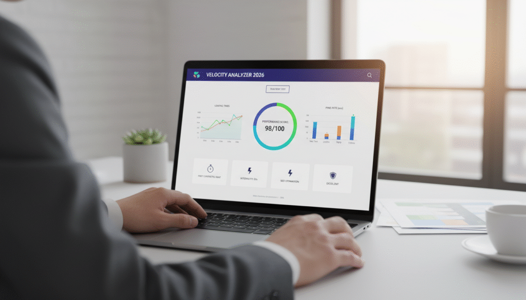 A sleek, modern webpage layout displayed on a laptop screen showing a vibrant, user-friendly interface for a website speed testing tool. In the foreground, a pair of hands in professional attire navigate the site, with tools and graphs depicting network speed and website performance. The middle layer features a clear, detailed dashboard with colorful analytics charts like loading times, ping rates, and performance scores. In the background, a stylish office space with soft, natural light pours in from a window, creating a productive and focused atmosphere. The overall mood is dynamic and tech-oriented, suitable for a contemporary digital workspace, conveying innovation and efficiency in website testing for 2026.