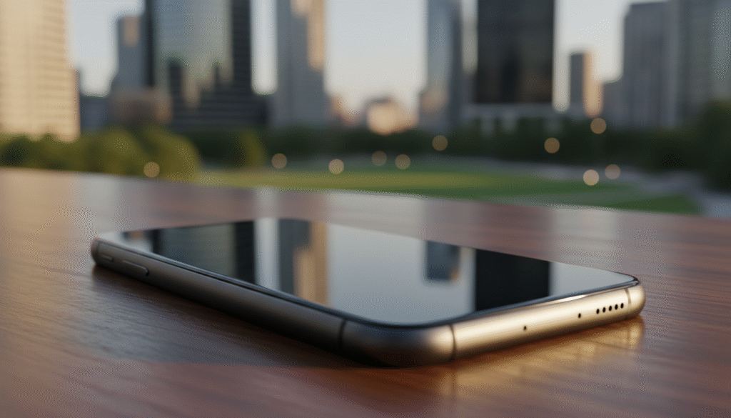 A sleek, premium smartphone designed with a brushed aluminum body and shatter-resistant Gorilla Glass. The device is showcased in the foreground, angled slightly to highlight its refined edges and polished finish. The background features a softly blurred urban environment, emphasizing modernity with hints of greenery and architectural elements. Warm, natural lighting cascades from one side, creating subtle reflections on the glass surface and enhancing the premium look. Capture the smartphone resting on a sleek wooden table, inviting touch. The atmosphere is aspirational and upscale, embodying the essence of innovation and durability. No text, logos, or watermarks.