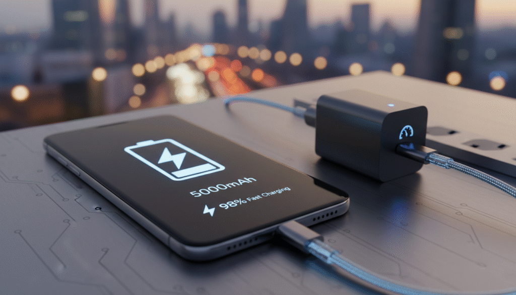 A sleek smartphone with a powerful 5000mAh battery prominently displayed in the foreground, showcasing its vibrant screen and fast-charging symbol. Next to the phone, a charging cable connected to a stylish, modern charger indicates rapid charging capabilities. The background features softly blurred urban elements, hinting at a bustling life where battery performance matters. Warm and inviting lighting creates a sense of reliability and innovation, while a macro lens perspective emphasizes the phone's sleek design and fine details. The overall mood is inspiring and modern, ideal for showcasing advanced technology in a consumer-friendly context.