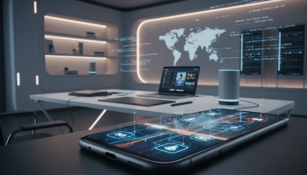 A sleek smartphone with a sophisticated connectivity interface prominently displayed in the foreground, showcasing various ports and wireless capabilities like 5G, NFC, and Wi-Fi. The middle ground features a modern workspace, including a tablet, laptop, and smart assistant, emphasizing seamless device integration. In the background, a minimalistic yet high-tech environment with subtle lighting, reflecting a professional atmosphere. The scene is illuminated by soft, diffused lighting, creating a warm and inviting mood. The camera angle is slightly above eye level, providing a dynamic view that enhances the technology's features. The image is polished and contemporary, capturing the essence of advanced smartphone connectivity in a vibrant, visually appealing setting.