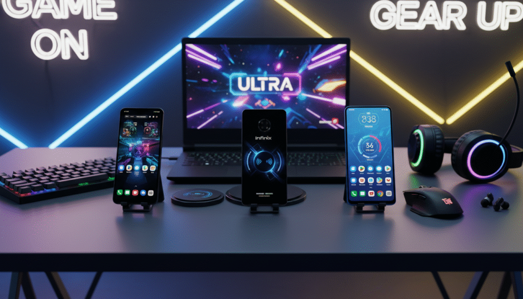 A stylish workspace featuring three Infinix gaming smartphones with 8GB RAM, each positioned to showcase their unique features. The foreground displays the phones on a sleek, modern desk surrounded by gaming accessories like a mechanical keyboard, a gaming mouse, and a vibrant RGB gaming headset. The middle ground includes a blurred laptop with gaming graphics on its screen, enhancing the gaming atmosphere. The background features dynamic neon lighting, creating an energetic ambiance that reflects the excitement of gaming. Compositionally, use a slight overhead angle to capture the phones and accessories harmoniously. The overall mood is vibrant and tech-savvy, perfect for illustrating the essential criteria for choosing the best budget gaming phones.
