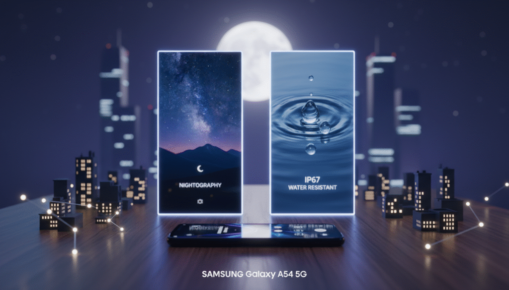 A thoughtfully arranged composition showcasing the pros and cons of the Samsung Galaxy A54 5G, highlighting its Nightography capabilities and IP67 water resistance. In the foreground, a sleek Galaxy A54 5G smartphone lies on a polished wooden surface, with camera settings displayed on the screen, surrounded by vibrant nighttime cityscape elements. In the middle, visualize two distinct panels, one depicting a vivid, starry night scene captured by the phone, celebrating its Nightography feature, while the other shows a subtle water droplet effect to represent its water resistance, all infused with soft blue and purple lighting for an immersive night ambiance. The background features silhouettes of urban buildings under a moonlit sky, creating an atmosphere of creativity and inspiration. The overall mood is innovative and engaging, inviting content creators to explore the device's features.