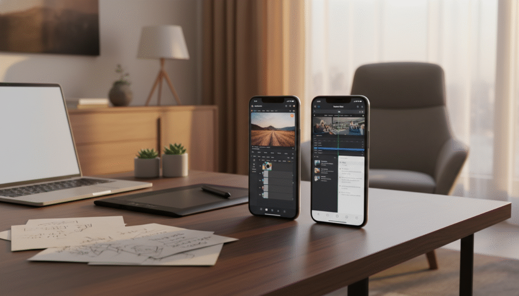 A visually striking comparison between the Xiaomi 17 Pro Max and the iPhone 17 Pro Max, featuring both devices side by side on a sleek, modern desk setup. In the foreground, the smartphones display their interfaces showcasing editing applications and multitasking features. The middle ground includes subtle props like a laptop, a graphics tablet, and notes to emphasize a content creator's workspace. In the background, a softly lit room with a contemporary design, featuring warm tones and a soft-focus window to imply a cozy atmosphere. The lighting is well-balanced, with a slight emphasis on the phones to draw attention. The overall mood is focused and professional, reflecting a hybrid of productivity and creativity. No text or branding is present, ensuring clarity in the visual comparison.