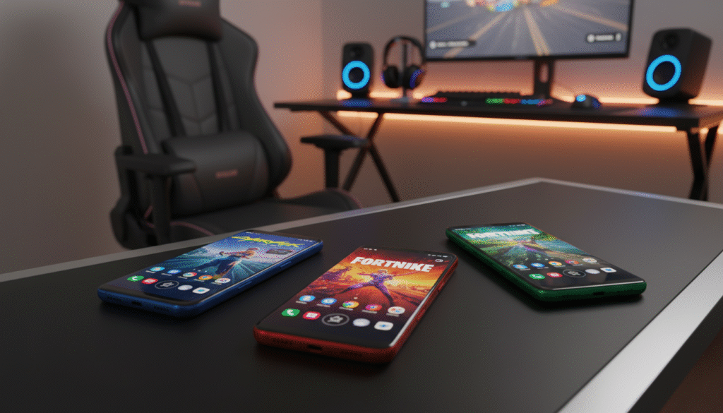 A visually striking composition showcasing three Samsung gaming smartphones positioned prominently in the foreground, elegantly displayed on a sleek, modern table. Each phone features distinctive designs with vibrant screens lit up, showcasing popular games. In the middle ground, create a subtle backdrop of a cozy gaming setup, featuring soft ambient lighting, a stylish gaming chair, sound speakers, and a few gaming accessories. The atmosphere should be engaging and dynamic, conveying excitement about gaming. Utilize warm lighting to enhance the allure of the devices and add depth to the image. The perspective should be slightly angled, focusing on the smartphones while ensuring the background complements but does not distract from the main subject.