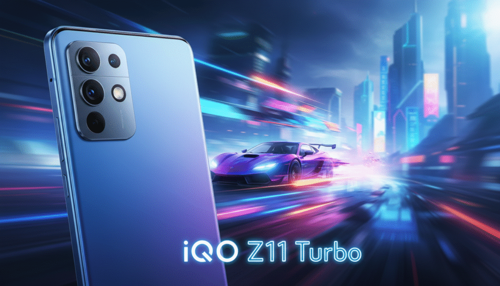 An aesthetic depiction of the iQOO Z11 Turbo smartphone showcased prominently in the foreground, featuring its sleek, modern design with a vibrant display and metallic finish. The device should be angled slightly to highlight its side buttons and camera setup, emphasizing its gaming capabilities. In the middle ground, create a subtle blurred gradient of a dynamic gaming environment, hinting at Action-packed graphics and a high refresh rate. The background should be a soft-focus, depicting a stylized landscape with neon lights to evoke a futuristic gaming atmosphere. Use bright, colorful lighting to create an energetic mood, emphasizing the smartphone's performance attributes. Capture the image with a shallow depth of field to draw attention to the device while retaining the immersive gaming theme.